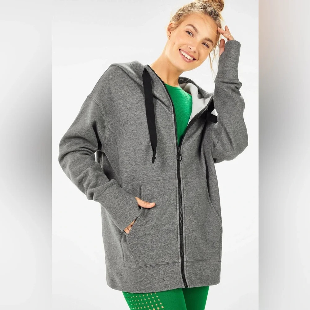 Fabletics Leah Womens M Grey Oversized Longline Fleece Full Zip Hoodie Jacket